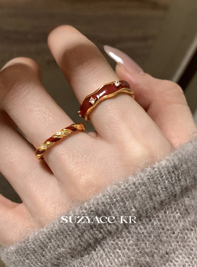 suzyacc kr本命年显白红色滴釉戒指圣诞新年小众气质食指戒指环女