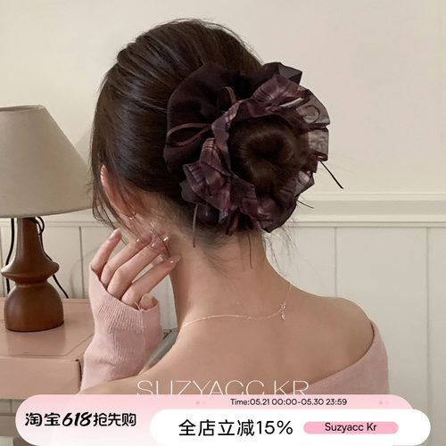 suzyacc kr复古网纱双层蝴蝶结发圈低调气质温柔小众后脑勺盘发圈