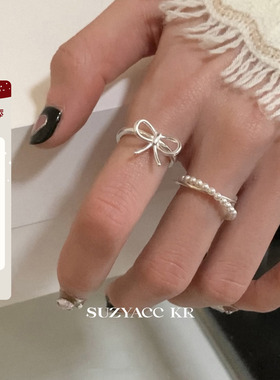 suzyacc kr小众设计纯银蝴蝶结仿珍珠交叉戒指轻奢高级指环食指戒