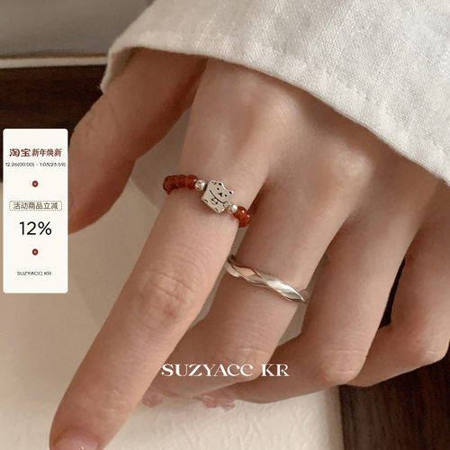 suzyacc kr红玛瑙纯银招财猫戒指中式复古小众食指戒百搭显白指环