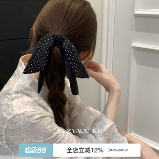 suzyacc kr黑色波点蝴蝶结飘带发圈女通勤复古小众低马尾皮筋头绳