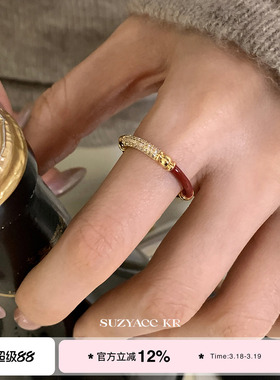 suzyacc kr本命年饰品红色滴釉水钻拼接戒指超闪显白小众食指戒