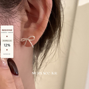 高级感小众简约百搭耳钉女 爆款 suzyacc kr纯银蝴蝶结耳环2025新款
