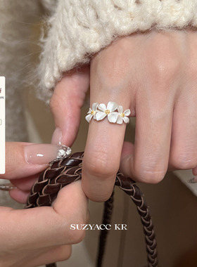 suzyacc kr小众设计感999足银栀子花戒指温柔气质开口食指戒指环