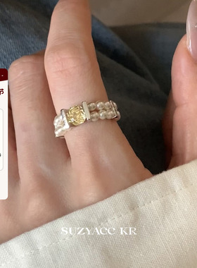 suzyacc kr黄色水钻仿珍珠弹力绳戒指小众设计质感食指戒指环