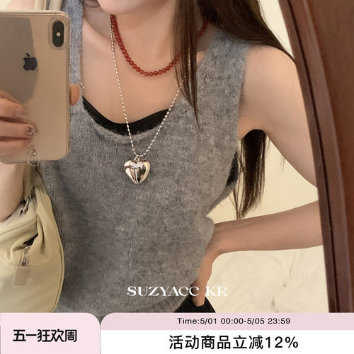 suzyacc kr韩国博主风金属爱心米珠长项链女轻奢小众简约叠戴颈链