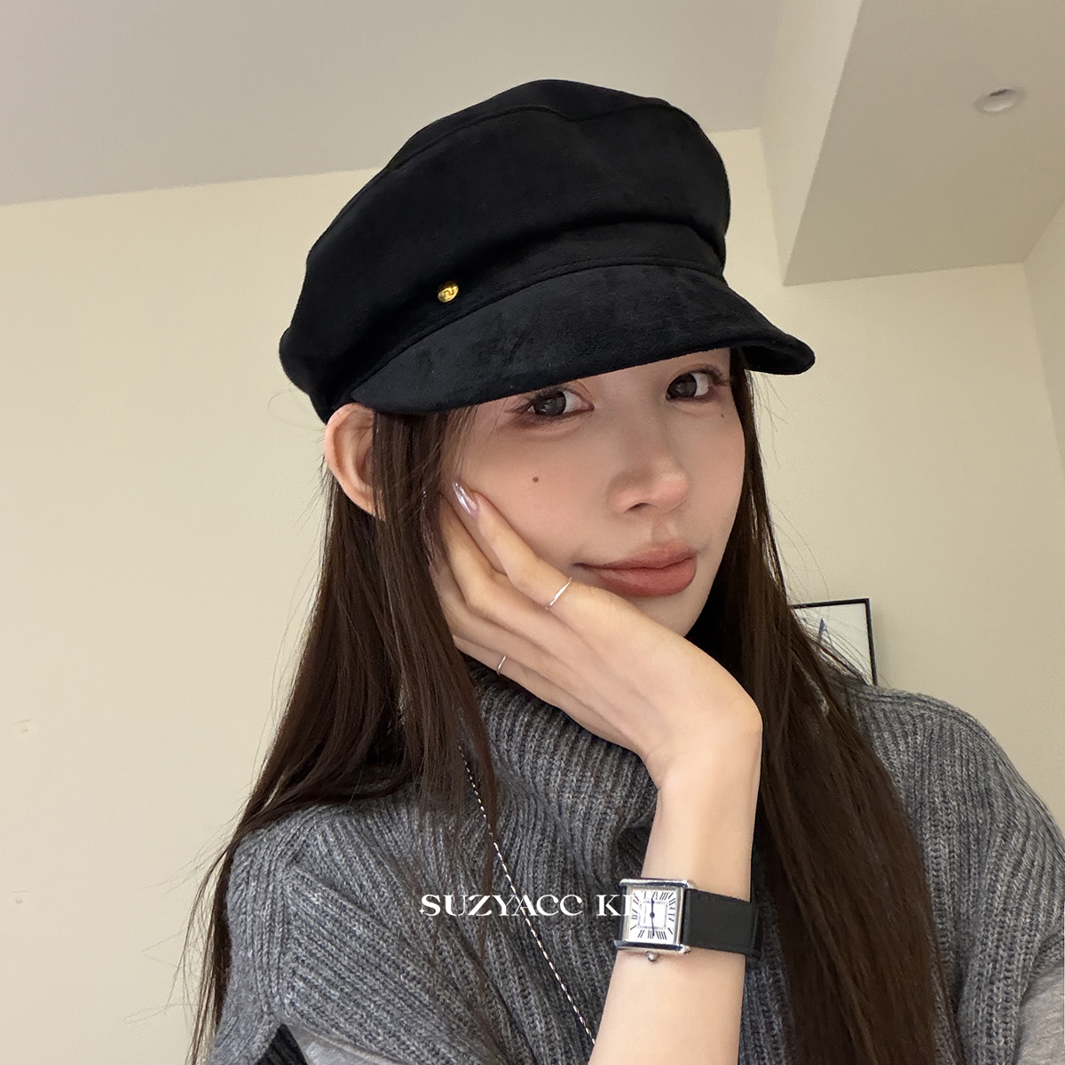 【新品限时2件88折】12.8 0点复古黑色绒面报童帽鸭舌帽