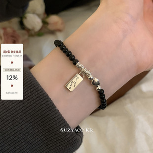 suzyacc kr纯银盘缠方牌黑玛瑙手链手串轻奢简约精致高级感手饰女