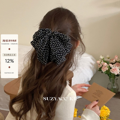 suzyacc kr氛围感波点雪纺蝴蝶结发夹女2025新款后脑勺盘发抓夹