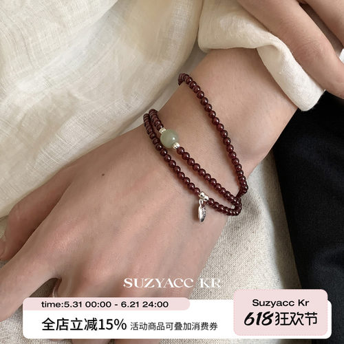 suzyacc kr纯银石榴石多层串珠手链早秋复古百搭高级显白叠戴手串