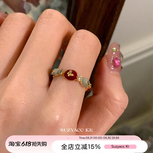suzyacc kr红色滴釉蝴蝶结戒指轻奢高级食指戒可调节复古温柔指环