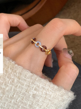 suzyacc kr复古气质滴釉水钻圆环戒指女小众设计高级感食指戒指环