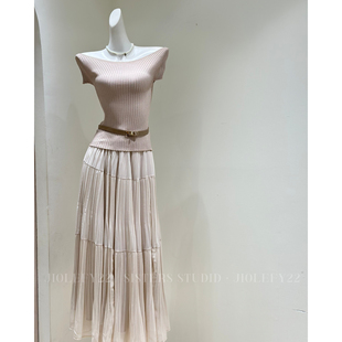 JIOLEFY22气质名媛一字肩修身针织上衣+ 大群摆A字半身长裙两件套