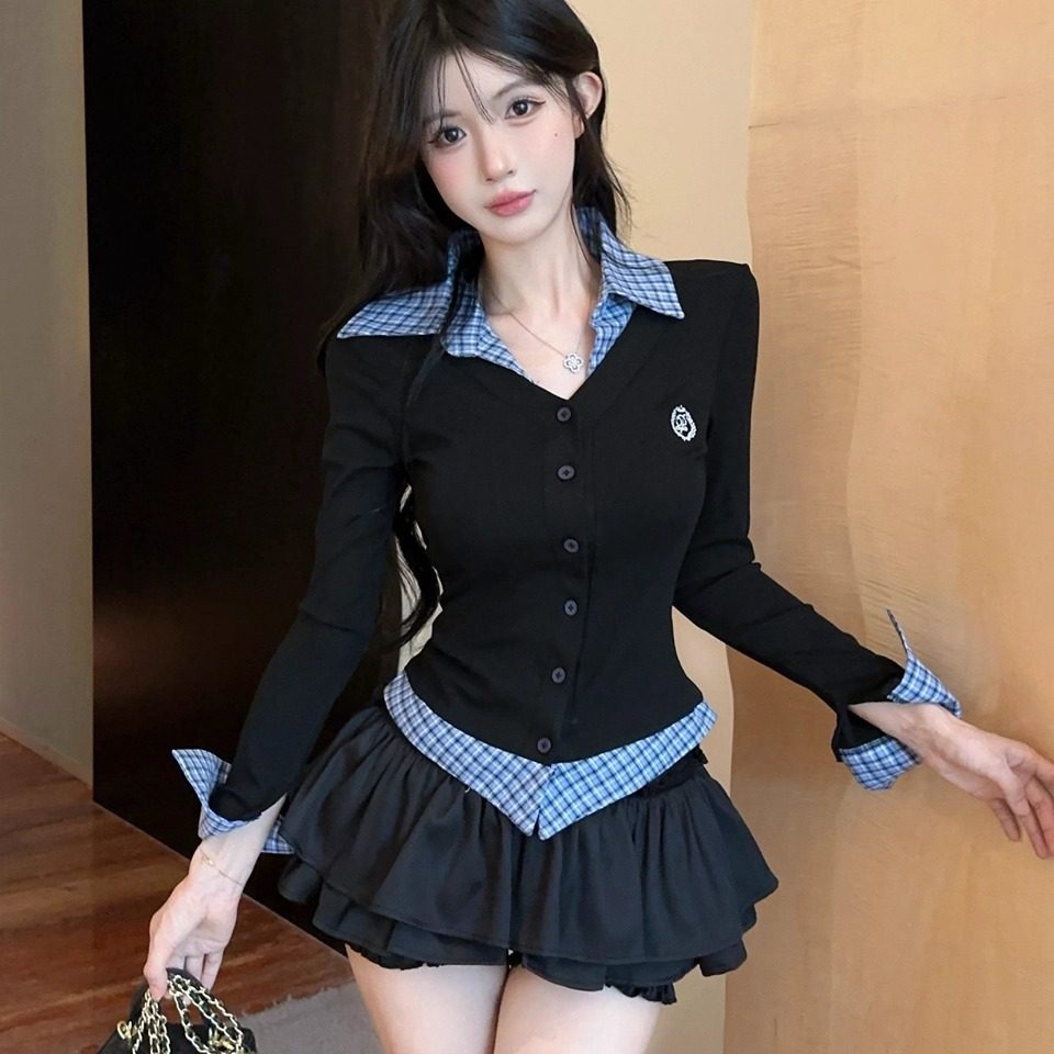 韩系辣妹穿搭一整套学院风假两件