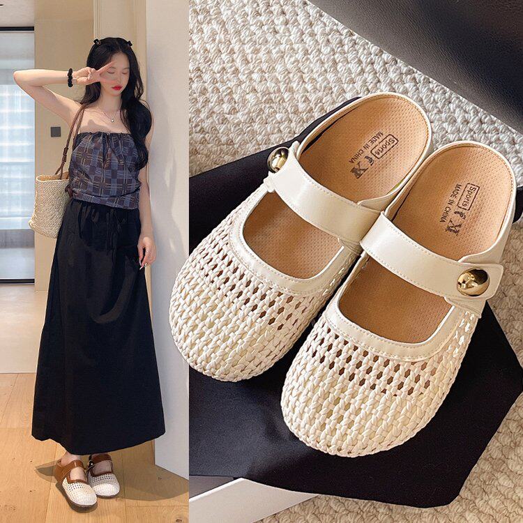 厚底内增高包头半拖鞋女2026新款夏季网面编织软底一脚蹬女童凉拖