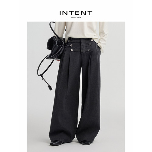 INTENT 拿破仑排扣西裤高腰线A字阔腿解构褶位宽松筋骨感休闲长裤