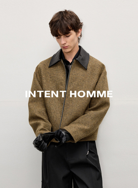 INTENT 多尼戈尔羊毛花呢夹克/羊皮翻领结构剪裁静奢质感短宽外套