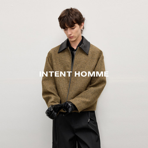 INTENT 多尼戈尔羊毛花呢夹克/羊皮翻领结构剪裁静奢质感短宽外套