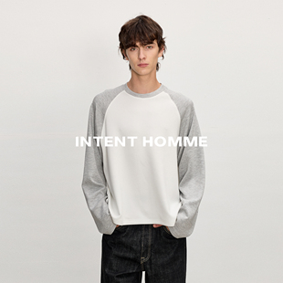 INTENT 软糯亲肤舒适圆领宽松休闲打底 莱赛尔纤维撞色插肩长袖