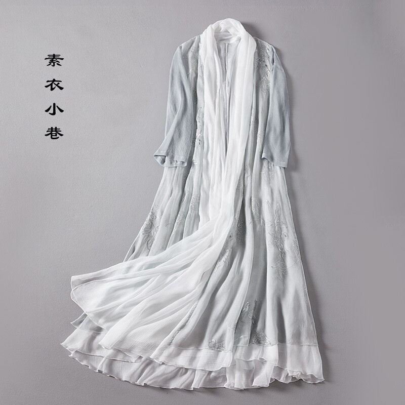 夏季中式复古禅服外披风围巾领真丝皱刺绣拼色大摆长衫防晒衣女佛