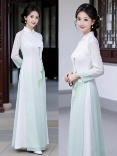 2026春夏新中式改良奥黛旗袍·中国风手绘荷花雪纺修身长款连衣裙