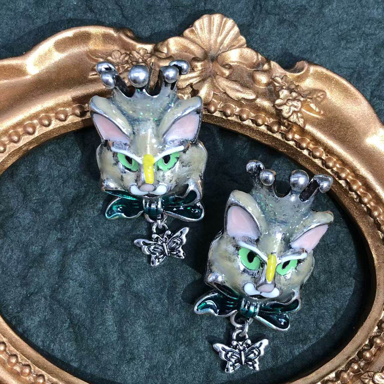欧美夸张复古小猫皇冠滴釉蝴蝶耳耳钉