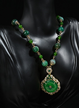 新中式翡翠绿玉髓平安扣吊坠铜镀真金镶钻宫廷风彩玉国风高档项链