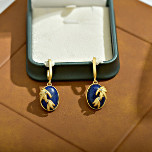 新中式复古青金石耳环女中古饰品轻奢感椭圆耳饰小众耳坠