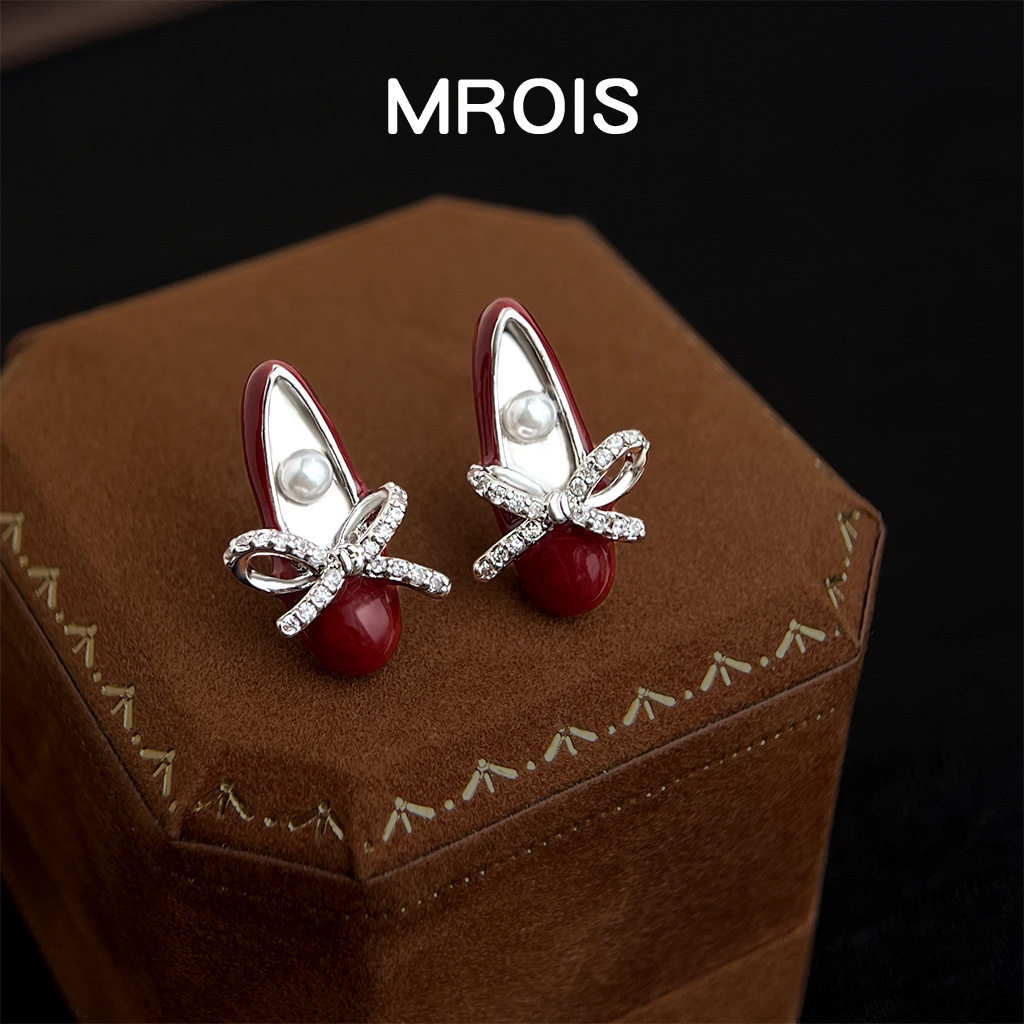 原创厚镀真金酒红色滴油芭蕾鞋蝴蝶结锆石耳钉小众创意甜美风,饰品/流行首饰/时尚饰品新,耳钉,淘宝优惠券,粉丝福利购,淘宝优惠卷