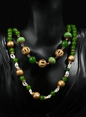 中古vintage气质感祖母绿玉髓淡水珍珠女款颈链两层叠戴项链