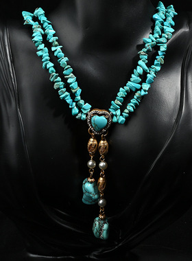 中古vintage时尚个气质中古铜合金天然蓝松桃心流苏吊坠项链