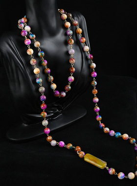 中古vintage镀18k真金天然石玛瑙法式项链复古长款叠戴个性毛衣链