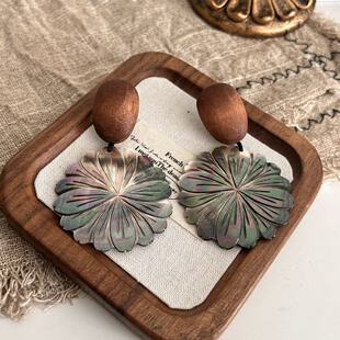 monies风天然黑蝶贝耳环小众设计轻奢风感木头耳钉耳饰女