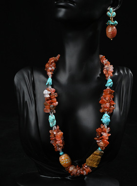 中古vintage感设计师天然石玛瑙小众夸张短款锁项链耳饰套装