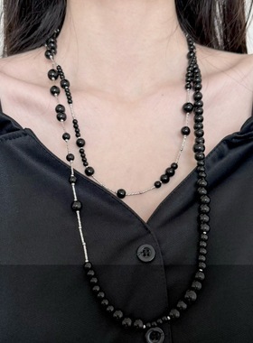 哥特朋克风甜酷辣妹多层黑灰色珍珠项链小众设计亚文化叠戴锁骨链
