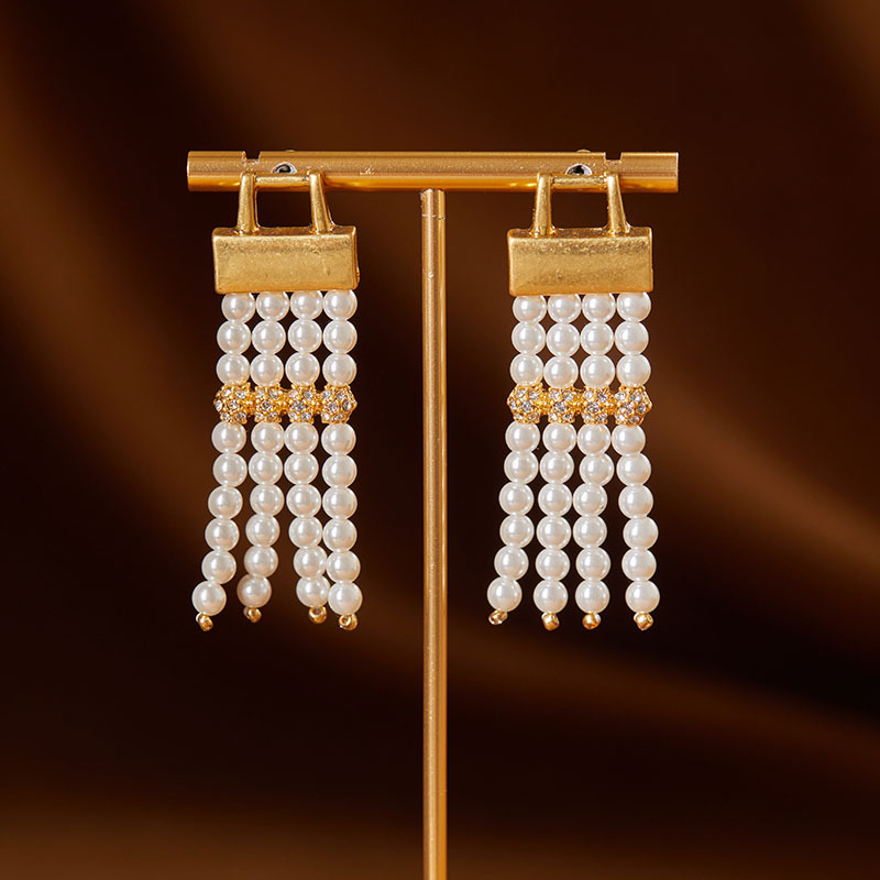 中古vintage宝石珍珠流苏长款耳环法式复古时尚耳饰欧美饰品