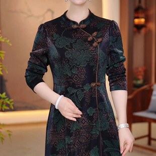 中年妈妈印花改良旗袍连衣裙女2026秋季新款修身显瘦中长款A字裙