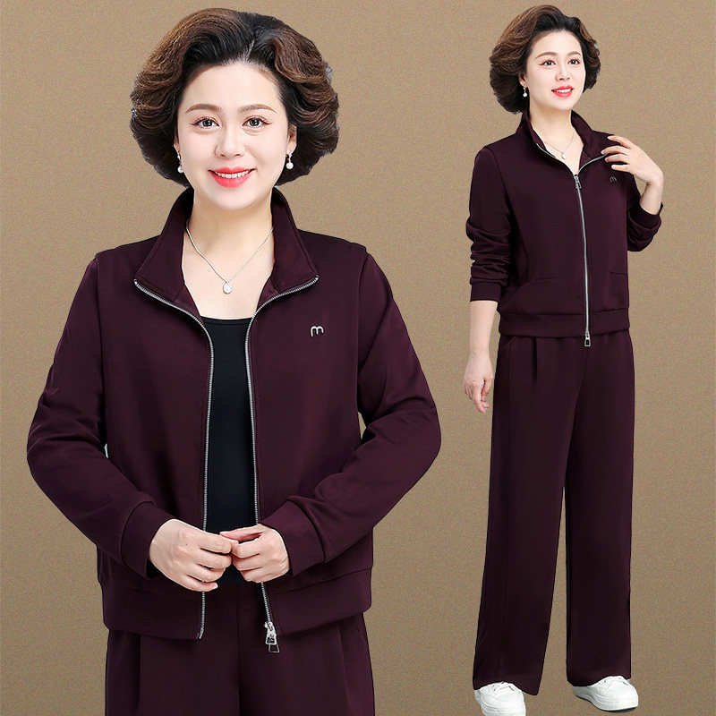 中老年妈妈纯色外套上衣裤子两件套女2025秋季新款运动休闲套装潮