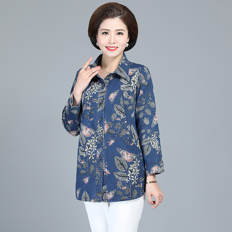 中年女装春装洗水牛仔印花衬衣外套妈妈装秋季加肥加大洋气风衣