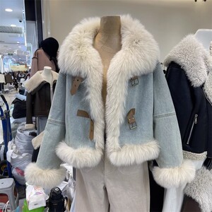 超值爆款冬季韩系拼接蓝色牛仔外套时尚夹棉加厚保暖仿皮毛绒大衣