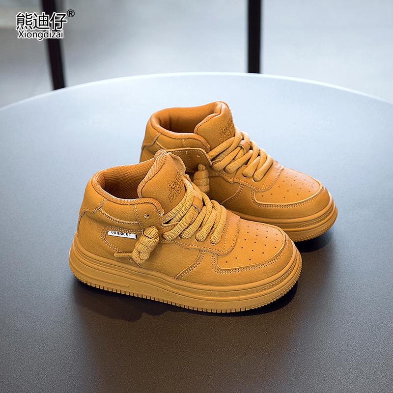 牛皮透气男女童高帮运动鞋小黄鞋