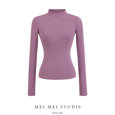 美式复古辣妹半高领长袖正肩T恤