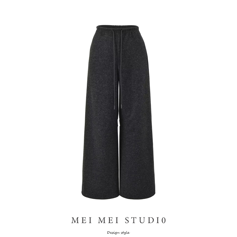 极简风抽绳深灰色低腰毛呢阔腿裤