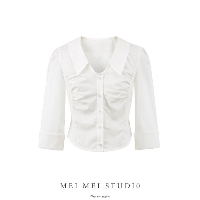 韩系辣妹设计感小翻领白色衬衫