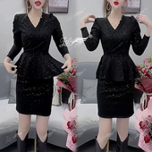 星空闪亮V领包臀裙假两件遮肉高弹显瘦气质中长款 时尚 新款 连衣裙