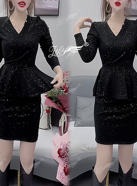 时尚新款星空闪亮V领包臀裙假两件遮肉高弹显瘦气质中长款连衣裙