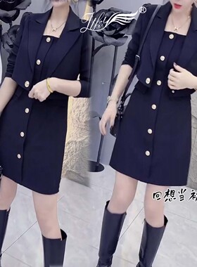 欧货黑色假两件连衣裙女2026春秋长袖西装领修身显瘦洋气中长款裙