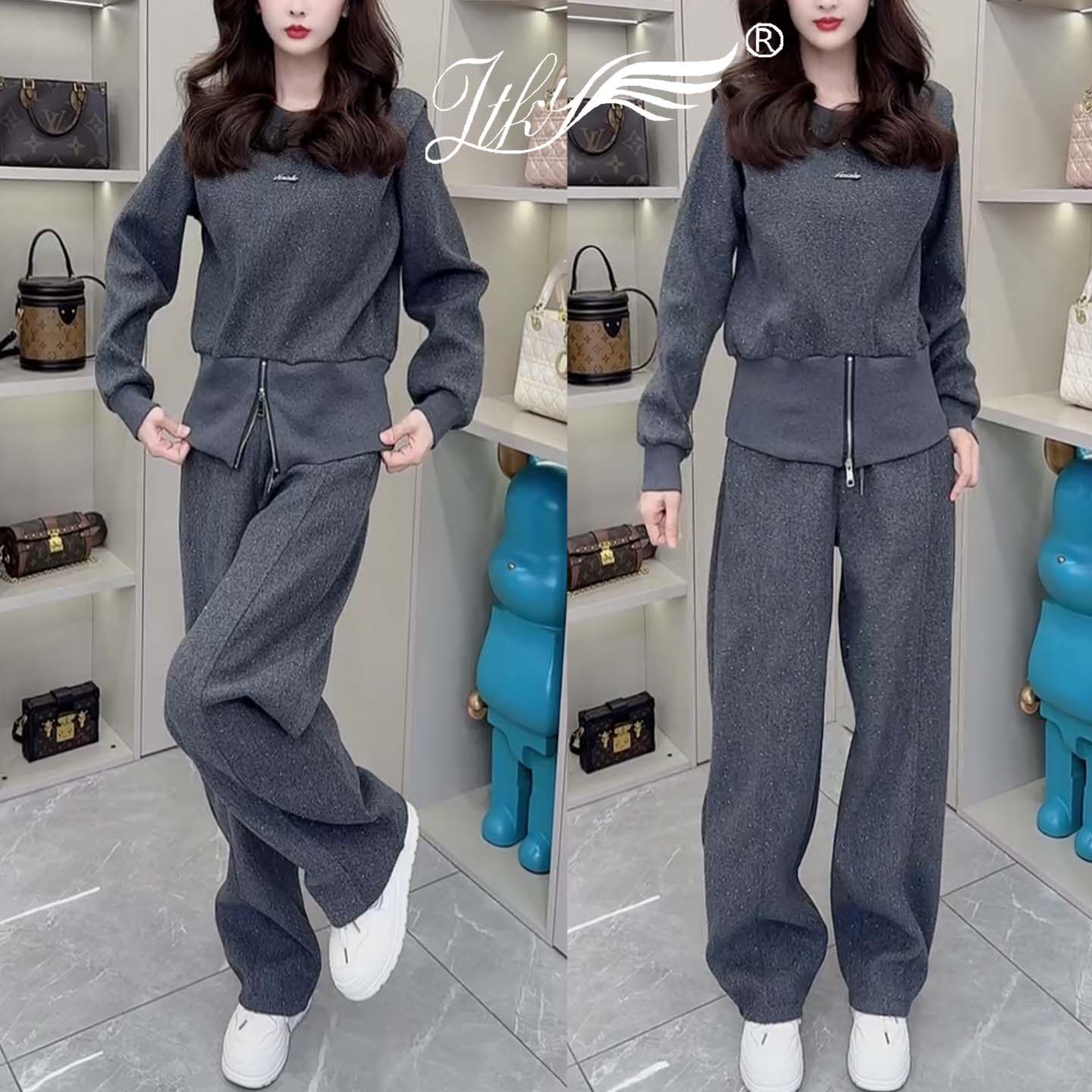 2025冬季新款时尚韩版气质套装女 拉链圆领卫衣+阔腿长裤两件套装,女装/女士精品,时尚套装,淘宝优惠券,粉丝福利购,淘宝优惠卷