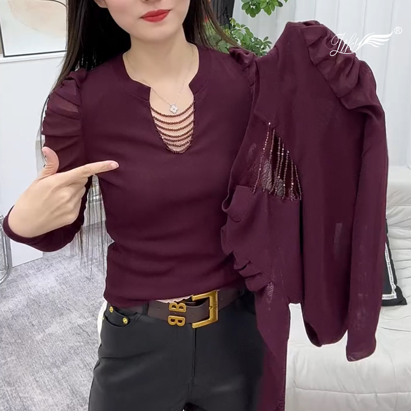 韩系女人味V领挂珠领正肩长袖T恤女2026春季新款洋气显瘦百搭上衣