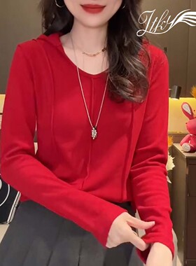 欧货时尚红色设计连帽长袖T恤女2026春新款休闲百搭叠穿磨毛上衣